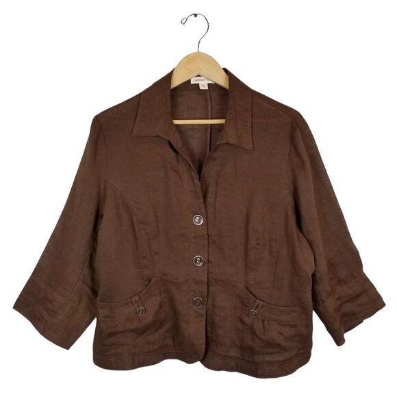 Coldwater Creek Women's Brown 100% Linen 3/4 Sleeve Button Up Shirt Size 16 - Picture 1 of 8